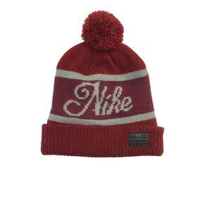 90s NIKE BigSwooshBeanie BURGUNDY×YELLOW Vintage 90s Nike Red Beanie Knit Cap Winter Hat Embroidered